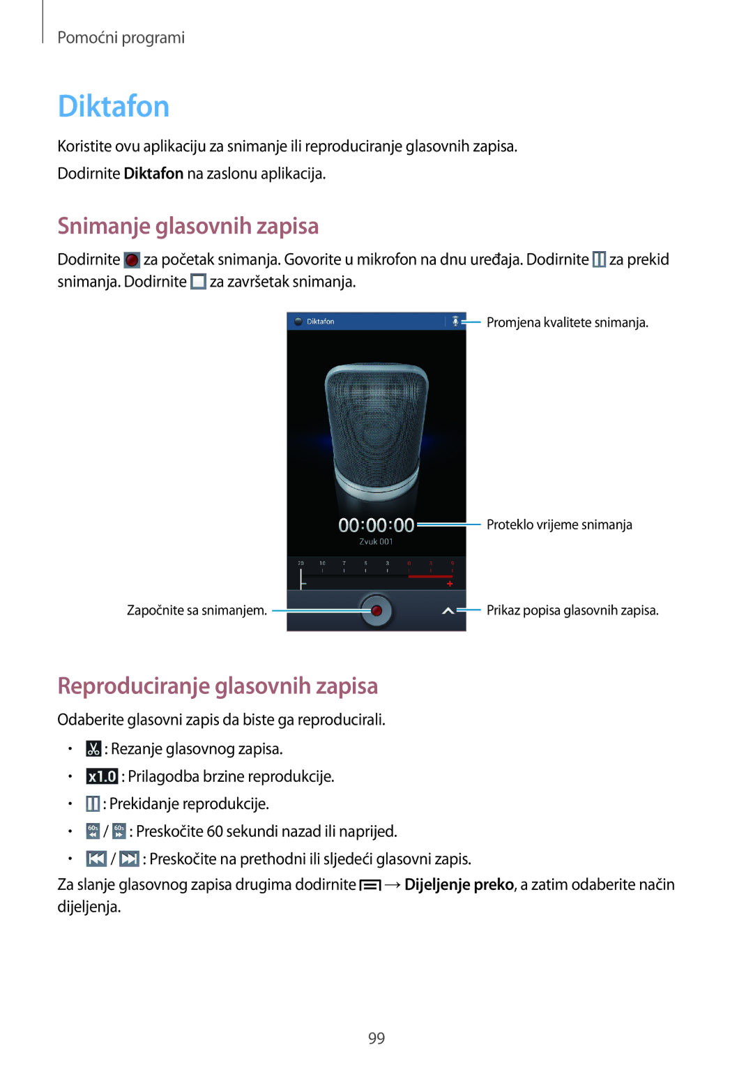 Samsung GT-I9205ZWATRA, GT-I9205ZKACRO, GT-I9205ZKATRA Diktafon, Snimanje glasovnih zapisa, Reproduciranje glasovnih zapisa 