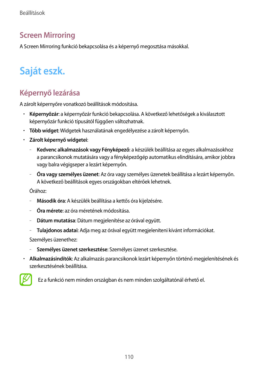 Samsung GT-I9205ZKAETL, GT-I9205ZKADBT, GT-I9205ZWADBT, GT-I9205ZWABGL manual Saját eszk, Screen Mirroring, Képernyő lezárása 