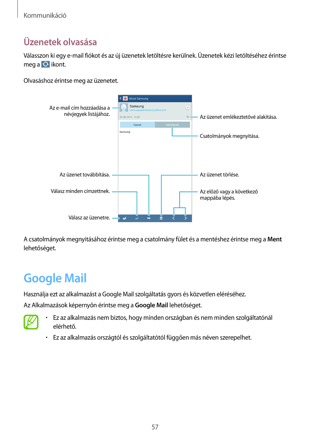 Samsung GT-I9205ZWAXEH, GT-I9205ZKADBT, GT-I9205ZWADBT, GT-I9205ZKAETL, GT-I9205ZWABGL manual Google Mail, Üzenetek olvasása 