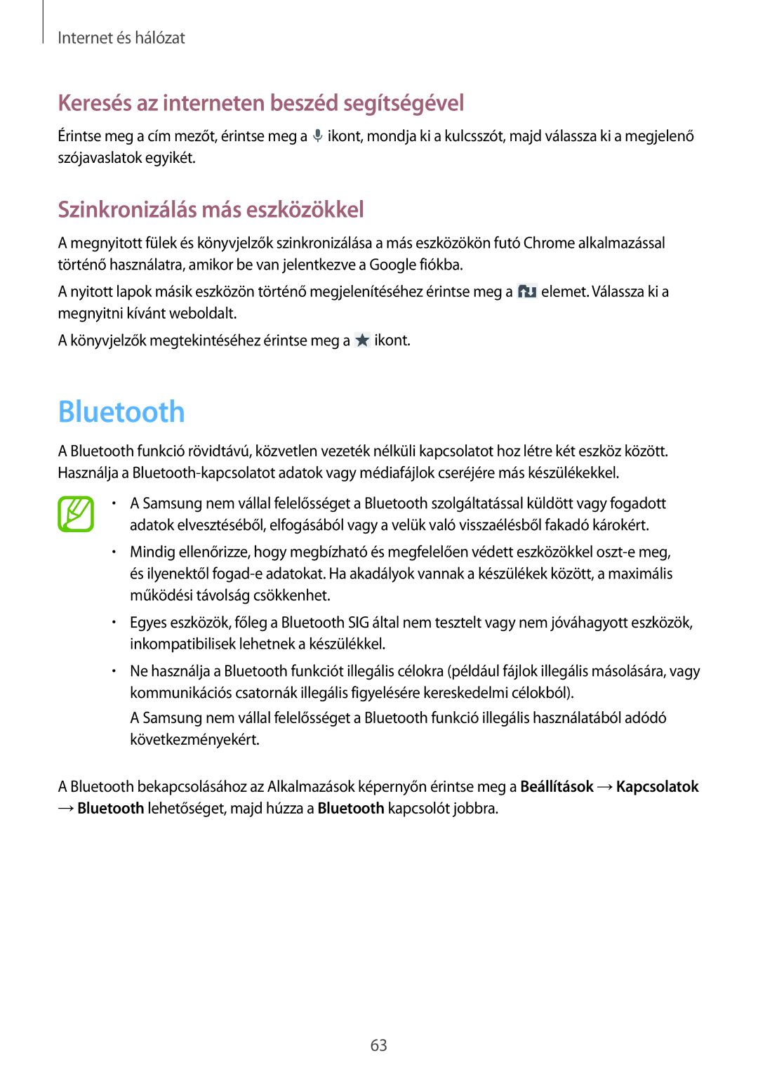 Samsung GT-I9205ZWABGL manual Bluetooth, Keresés az interneten beszéd segítségével, Szinkronizálás más eszközökkel 