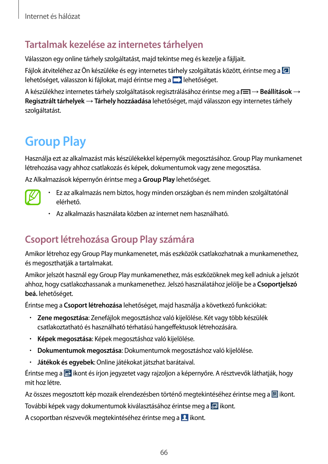 Samsung GT-I9205ZKAAUT manual Tartalmak kezelése az internetes tárhelyen, Csoport létrehozása Group Play számára 