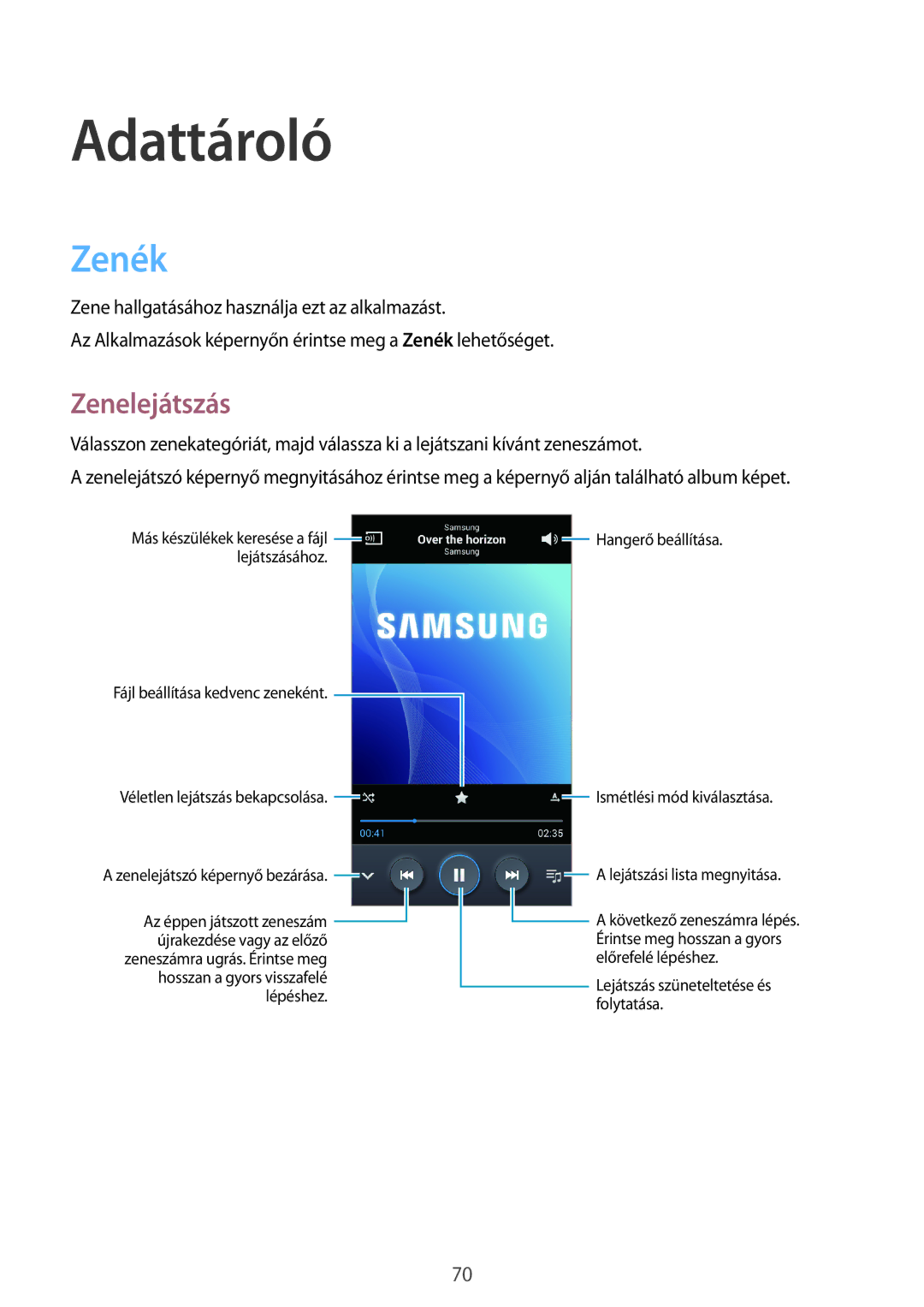 Samsung GT-I9205ZKAXEH, GT-I9205ZKADBT, GT-I9205ZWADBT, GT-I9205ZKAETL, GT-I9205ZWABGL manual Adattároló, Zenék, Zenelejátszás 