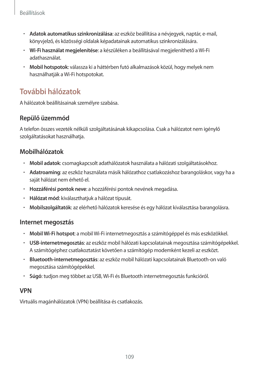 Samsung GT-I9205ZWADBT, GT-I9205ZKADBT manual További hálózatok, Repülő üzemmód, Mobilhálózatok, Internet megosztás 