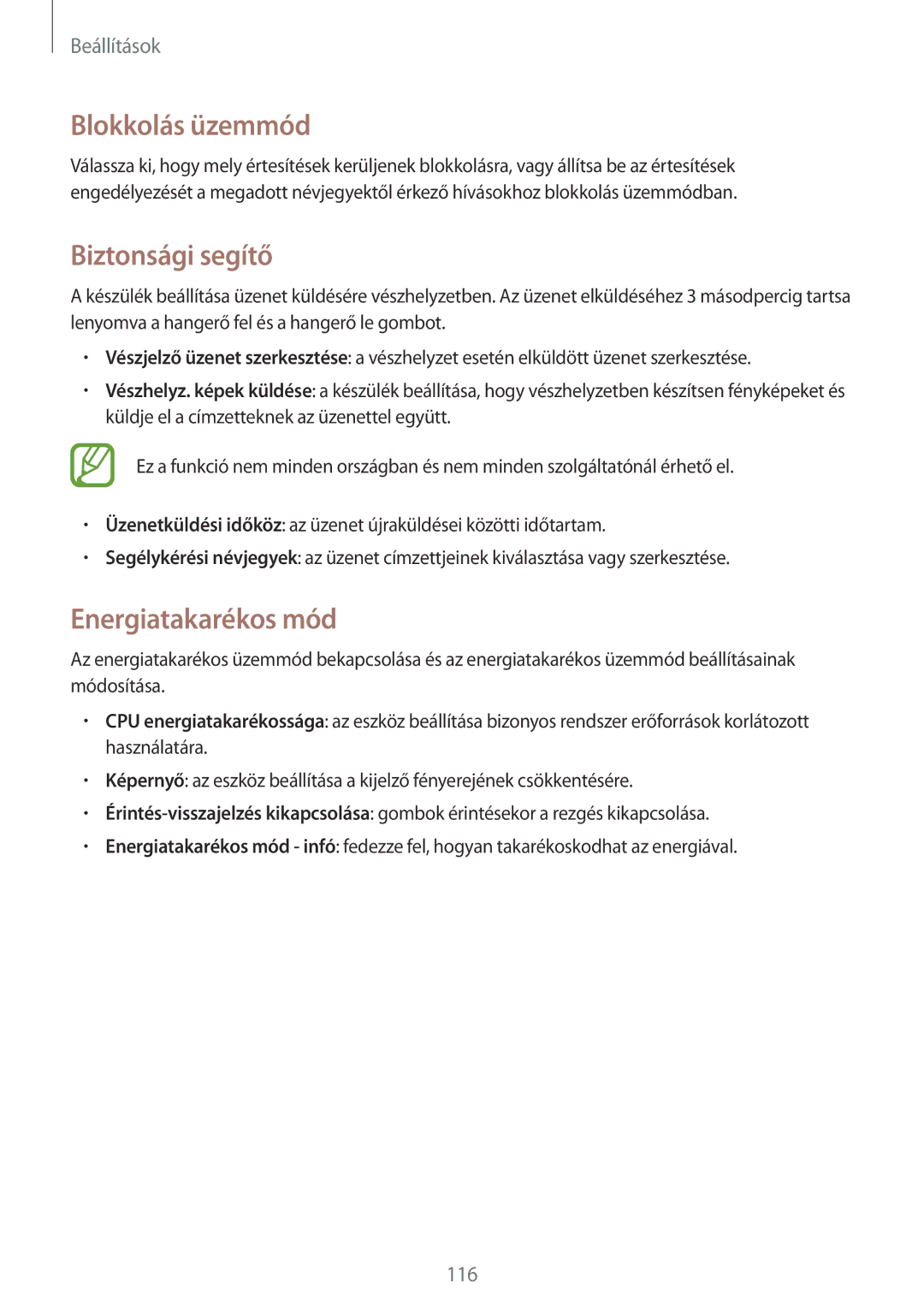 Samsung GT-I9205ZWAETL, GT-I9205ZKADBT, GT-I9205ZWADBT manual Blokkolás üzemmód, Biztonsági segítő, Energiatakarékos mód 