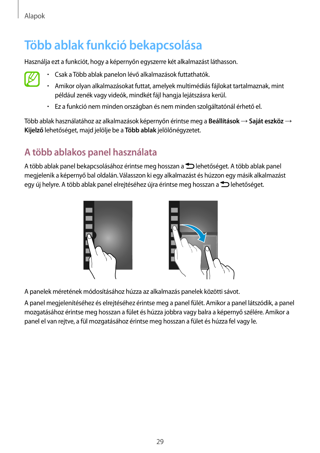 Samsung GT-I9205ZKAPRT, GT-I9205ZKADBT, GT-I9205ZWADBT manual Több ablak funkció bekapcsolása, Több ablakos panel használata 