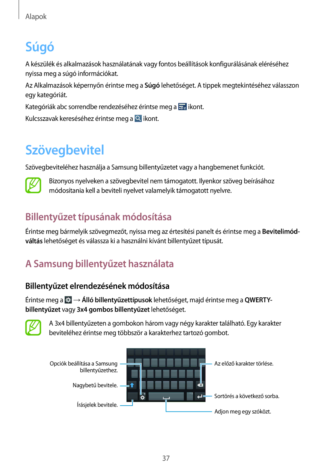 Samsung GT-I9205ZWADBT manual Súgó, Szövegbevitel, Billentyűzet típusának módosítása, Samsung billentyűzet használata 