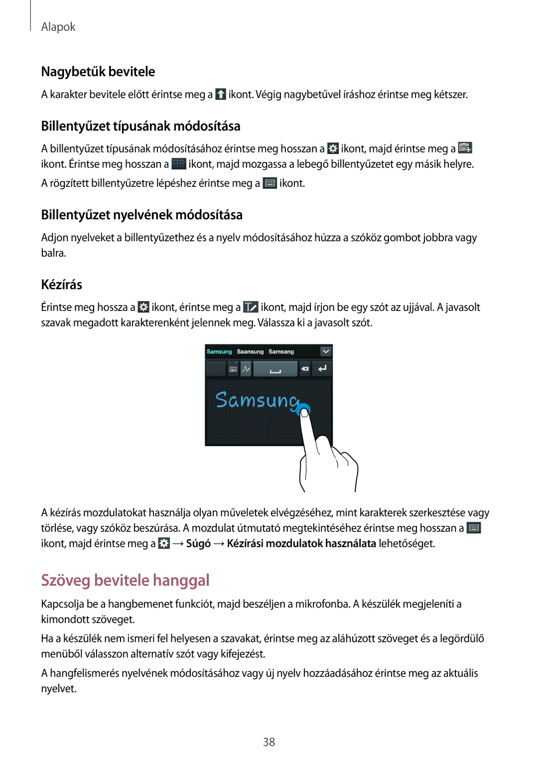 Samsung GT-I9205ZKAETL manual Szöveg bevitele hanggal, Nagybetűk bevitele, Billentyűzet típusának módosítása, Kézírás 