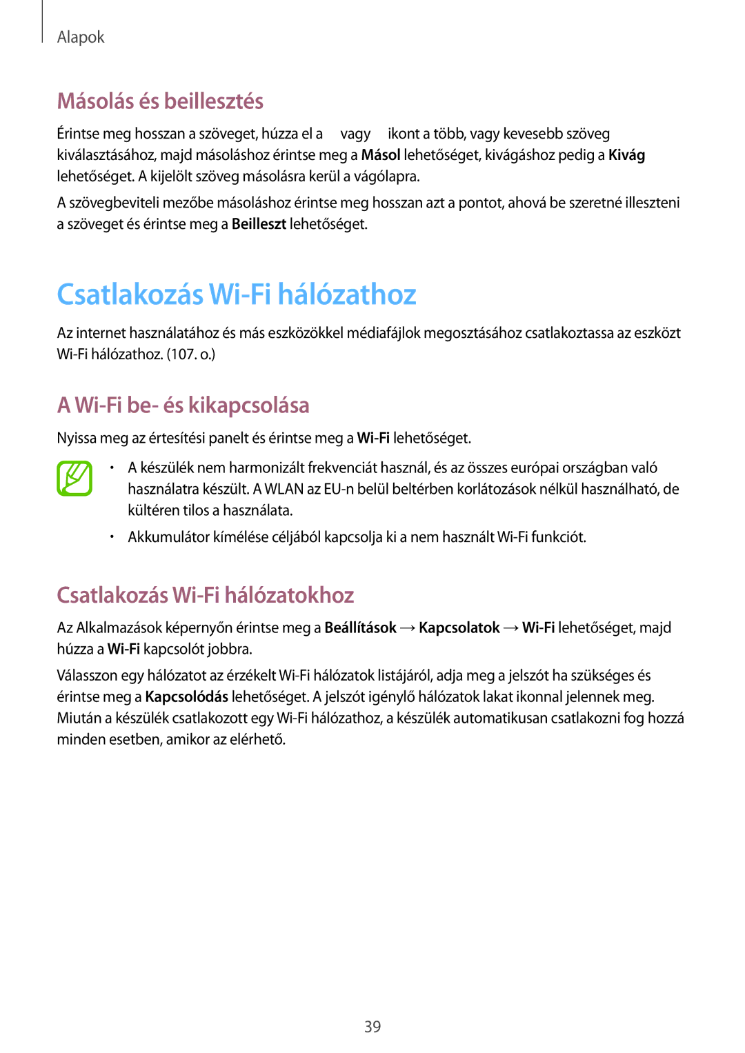 Samsung GT-I9205ZWABGL, GT-I9205ZKADBT Csatlakozás Wi-Fi hálózathoz, Másolás és beillesztés, Wi-Fi be- és kikapcsolása 