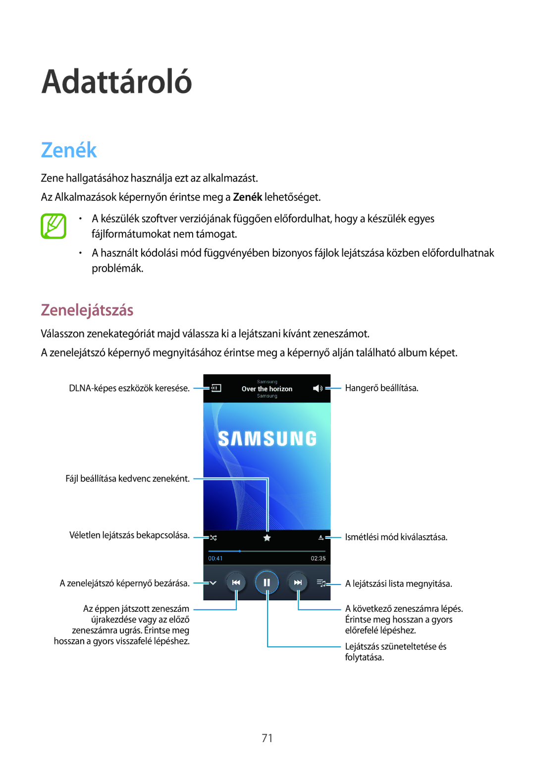 Samsung GT-I9205ZKATMH, GT-I9205ZKADBT, GT-I9205ZWADBT, GT-I9205ZKAETL, GT-I9205ZWABGL manual Adattároló, Zenék, Zenelejátszás 