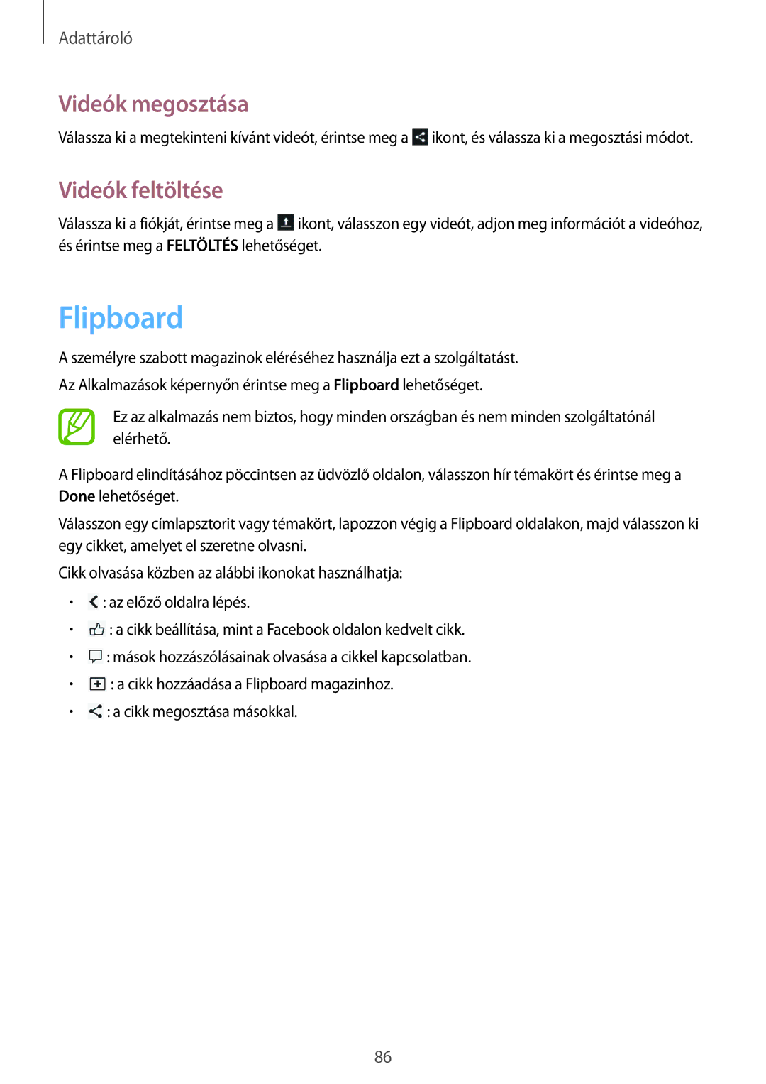 Samsung GT-I9205ZKAETL, GT-I9205ZKADBT, GT-I9205ZWADBT, GT-I9205ZWABGL, GT-I9205ZKAXEO manual Flipboard, Videók feltöltése 