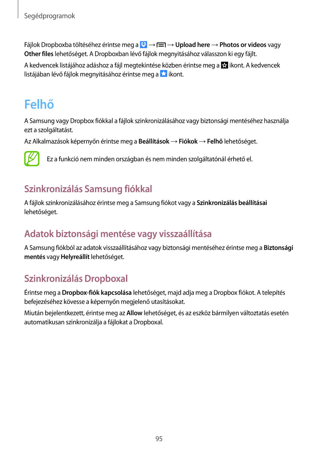 Samsung GT-I9205ZKATMH manual Felhő, Szinkronizálás Samsung fiókkal, Adatok biztonsági mentése vagy visszaállítása 