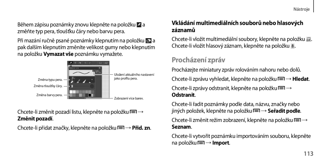 Samsung GT-I9205ZWABGL, GT-I9205ZKAETL manual Procházení zpráv, Vkládání multimediálních souborů nebo hlasových záznamů, 113 