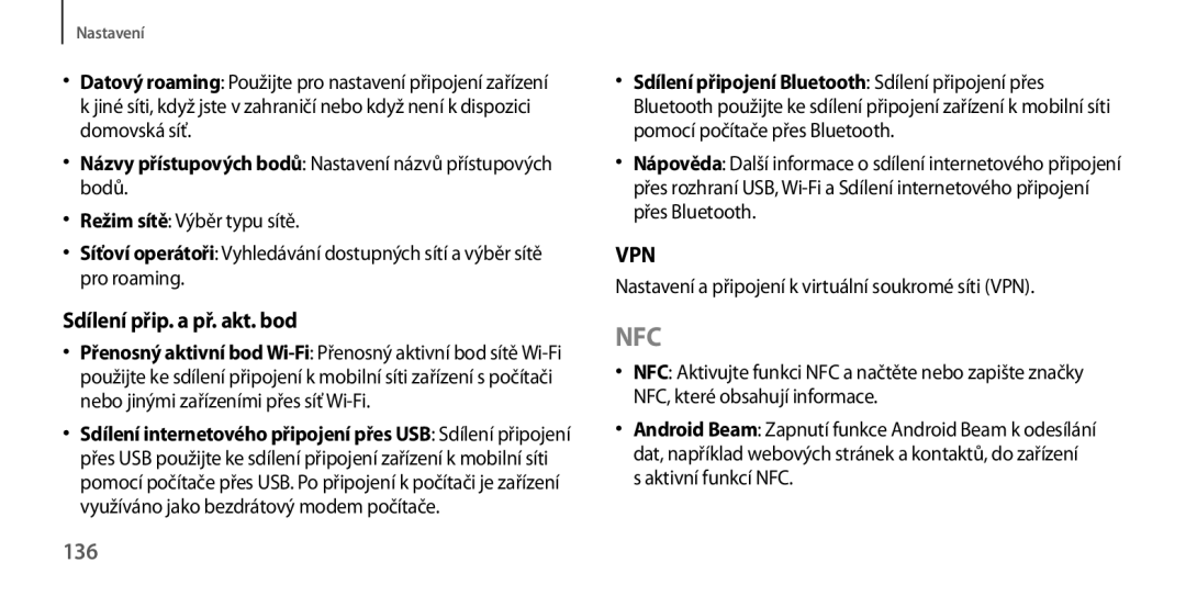 Samsung GT-I9205ZKAETL manual Sdílení přip. a př. akt. bod, 136, Názvy přístupových bodů Nastavení názvů přístupových bodů 