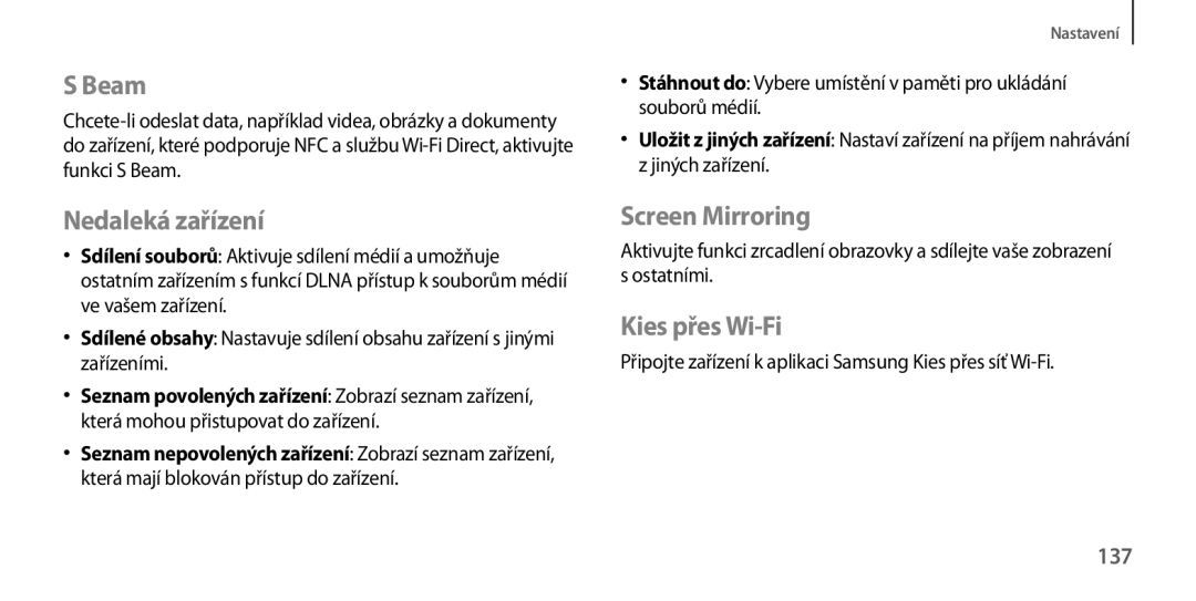 Samsung GT-I9205ZWABGL, GT-I9205ZKAETL, GT-I9205ZKAXEO manual Beam, Nedaleká zařízení, Screen Mirroring, Kies přes Wi-Fi, 137 