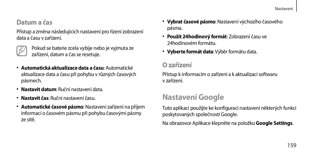 Samsung GT-I9205ZWAETL manual Nastavení Google, Datum a čas, Zařízení, 159, Vyberte formát data Výběr formátu data 