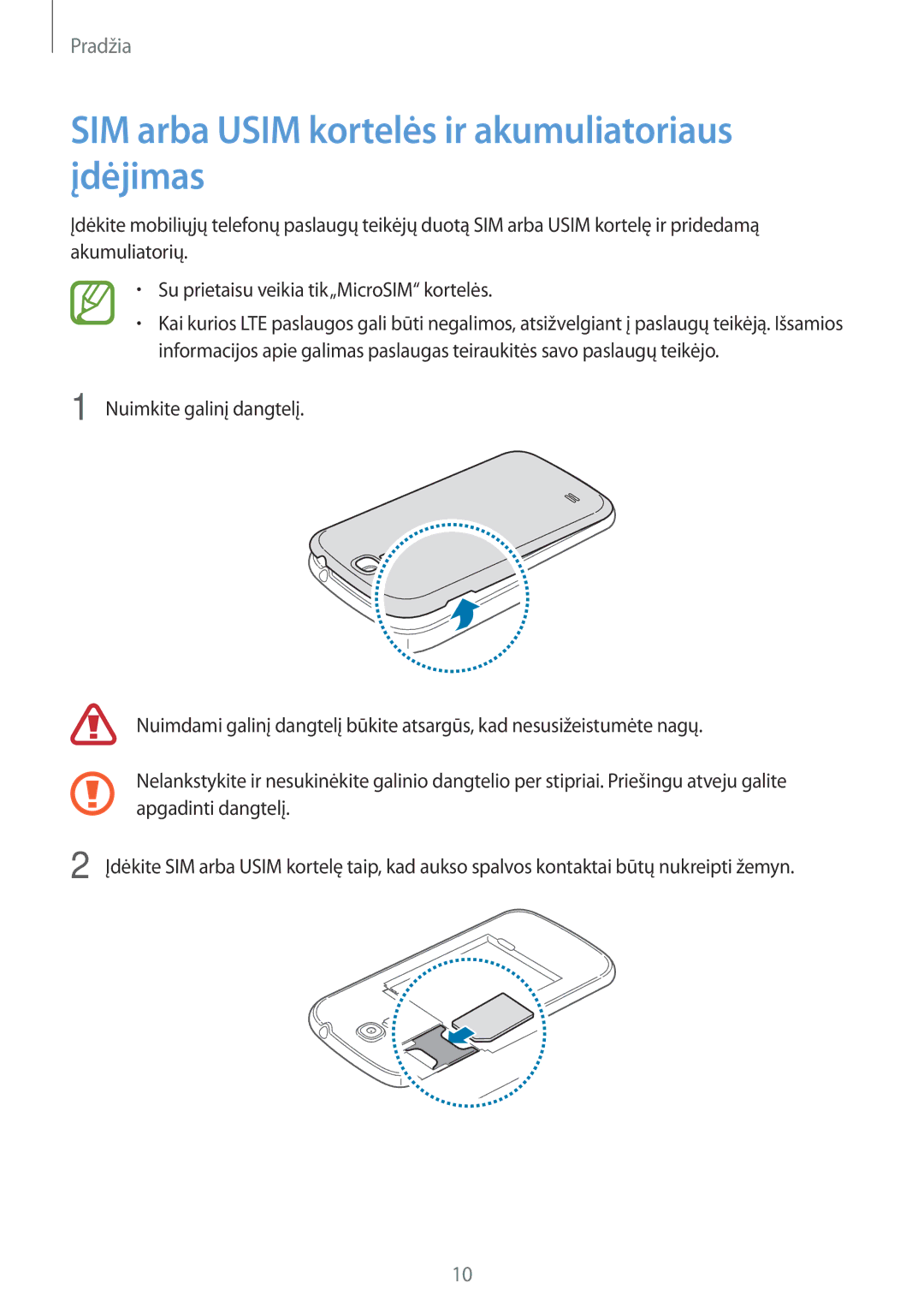 Samsung GT-I9205ZKASEB manual SIM arba Usim kortelės ir akumuliatoriaus įdėjimas 