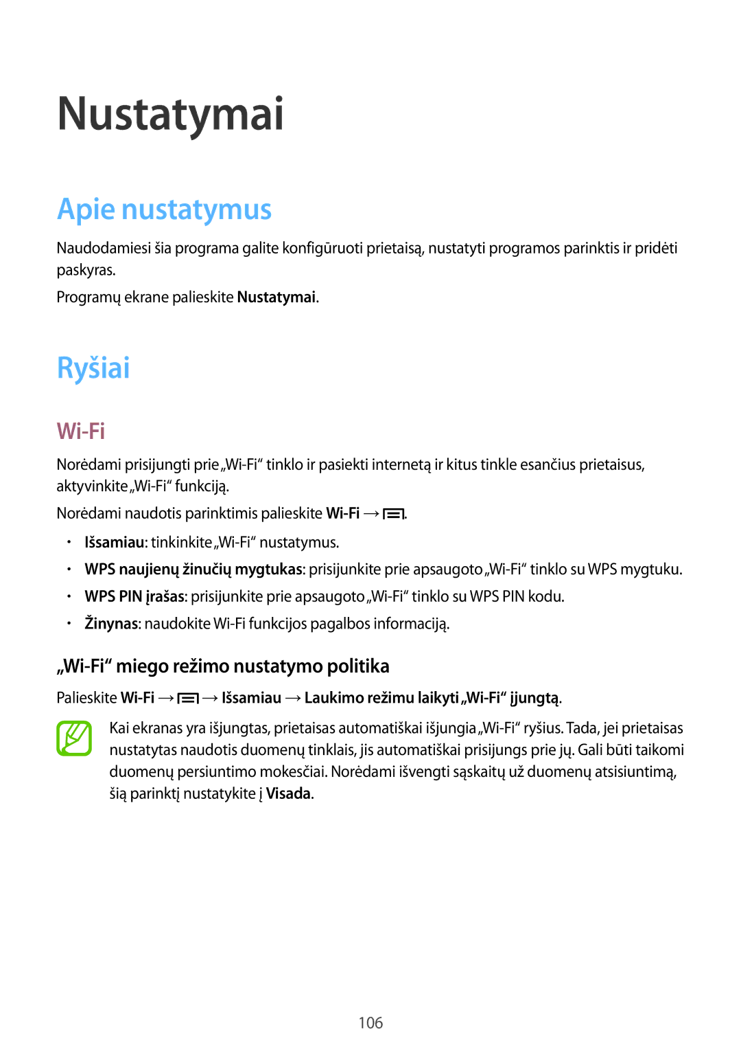 Samsung GT-I9205ZKASEB manual Apie nustatymus, Ryšiai, „Wi-Fi miego režimo nustatymo politika 