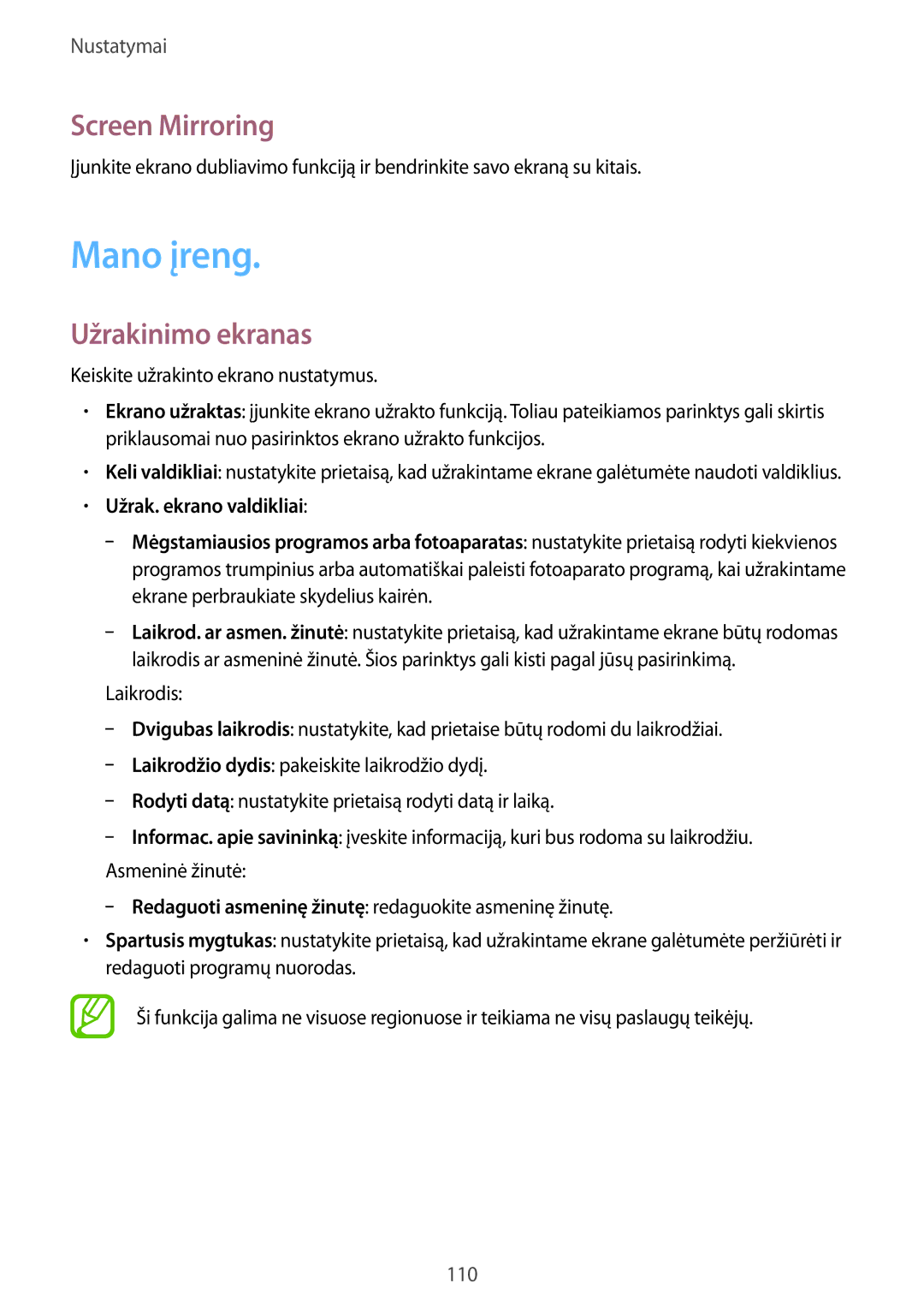 Samsung GT-I9205ZKASEB manual Mano įreng, Screen Mirroring, Užrakinimo ekranas 