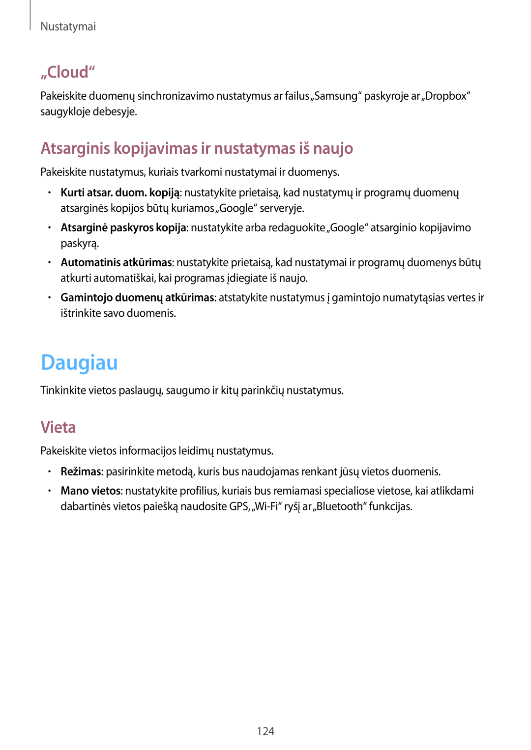 Samsung GT-I9205ZKASEB manual Daugiau, „Cloud, Atsarginis kopijavimas ir nustatymas iš naujo, Vieta 