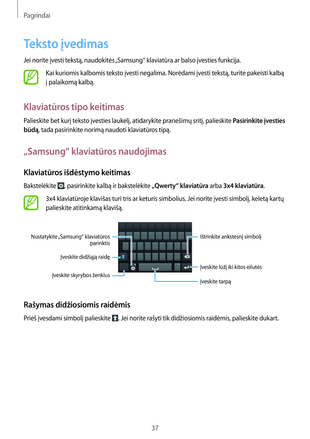 Samsung GT-I9205ZKASEB manual Teksto įvedimas, Klaviatūros tipo keitimas, „Samsung klaviatūros naudojimas 