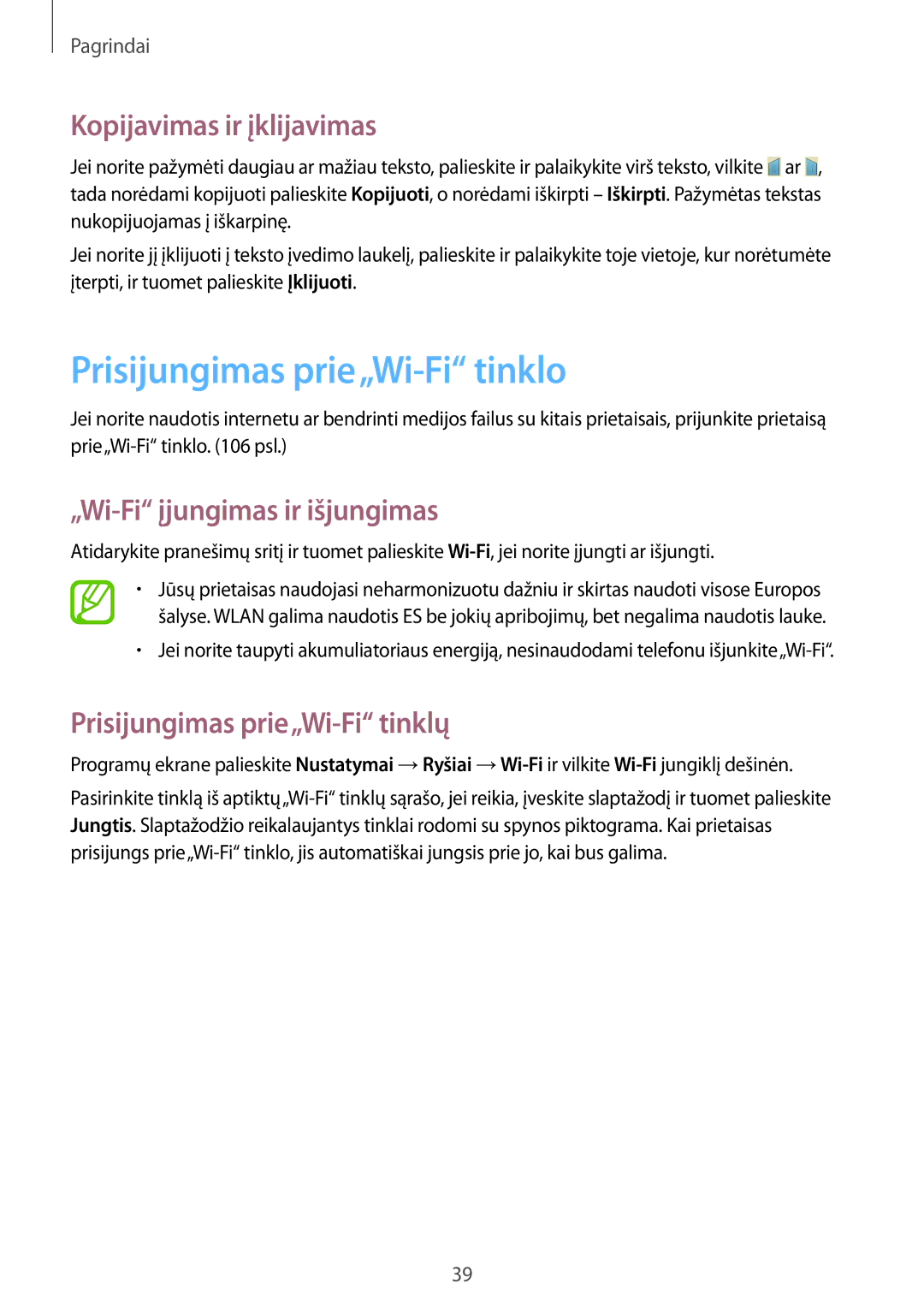 Samsung GT-I9205ZKASEB manual Prisijungimas prie„Wi-Fi tinklo, Kopijavimas ir įklijavimas, „Wi-Fi įjungimas ir išjungimas 