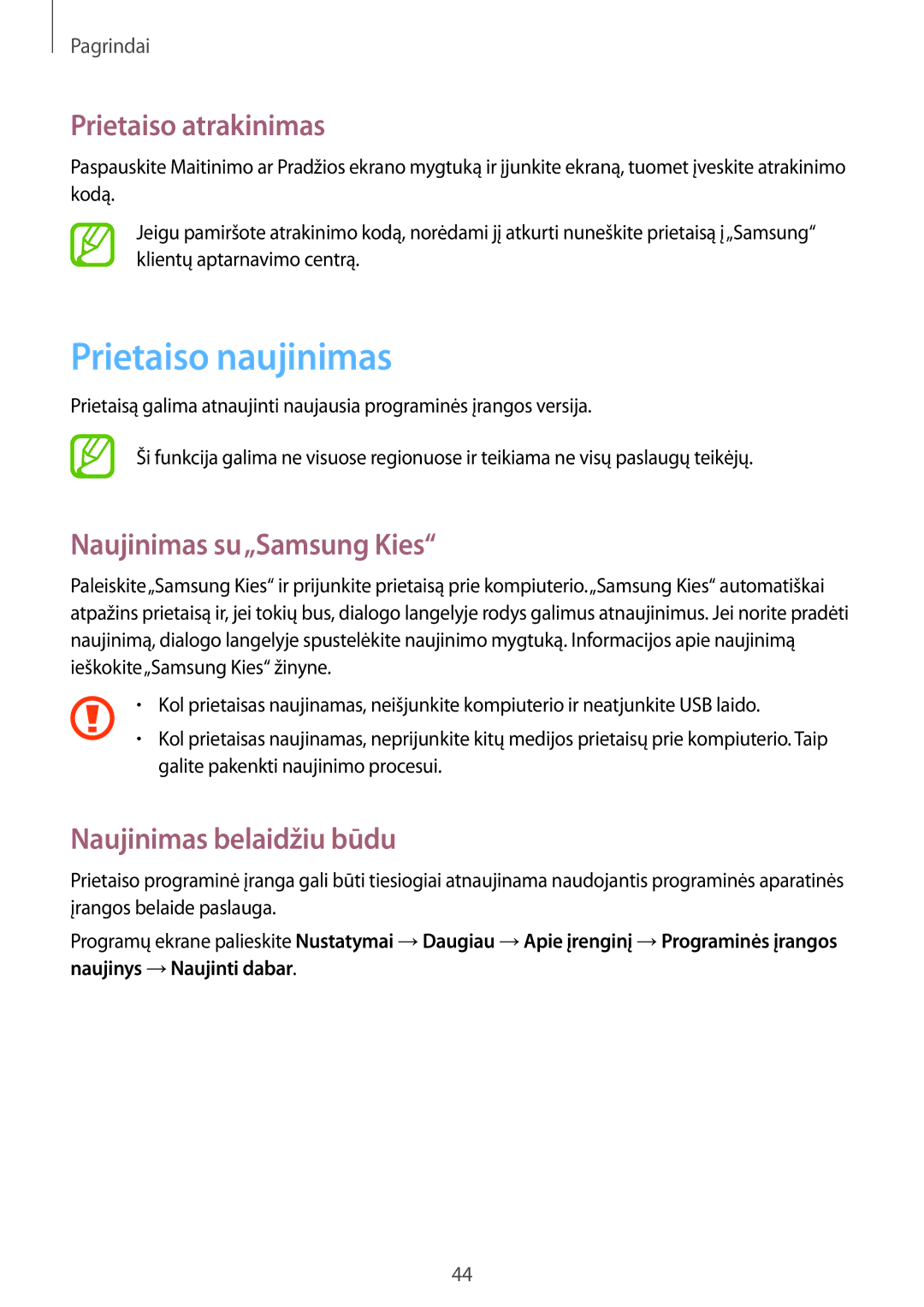 Samsung GT-I9205ZKASEB Prietaiso naujinimas, Prietaiso atrakinimas, Naujinimas su„Samsung Kies, Naujinimas belaidžiu būdu 