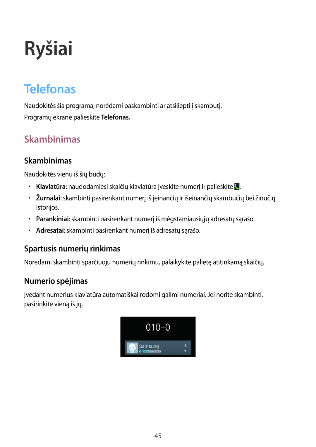 Samsung GT-I9205ZKASEB manual Telefonas, Skambinimas, Spartusis numerių rinkimas, Numerio spėjimas 