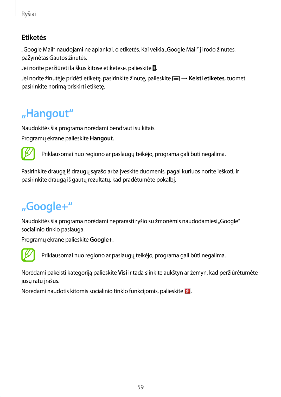 Samsung GT-I9205ZKASEB manual „Hangout, „Google+, Etiketės 