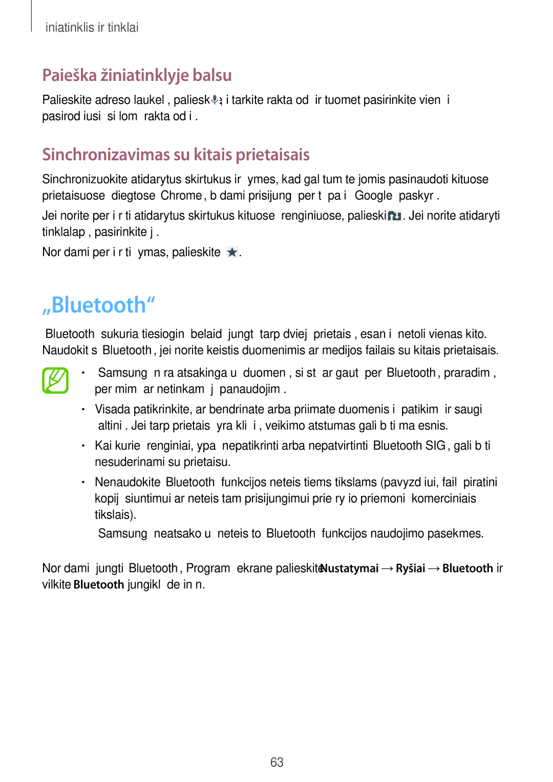 Samsung GT-I9205ZKASEB manual „Bluetooth, Paieška žiniatinklyje balsu, Sinchronizavimas su kitais prietaisais 