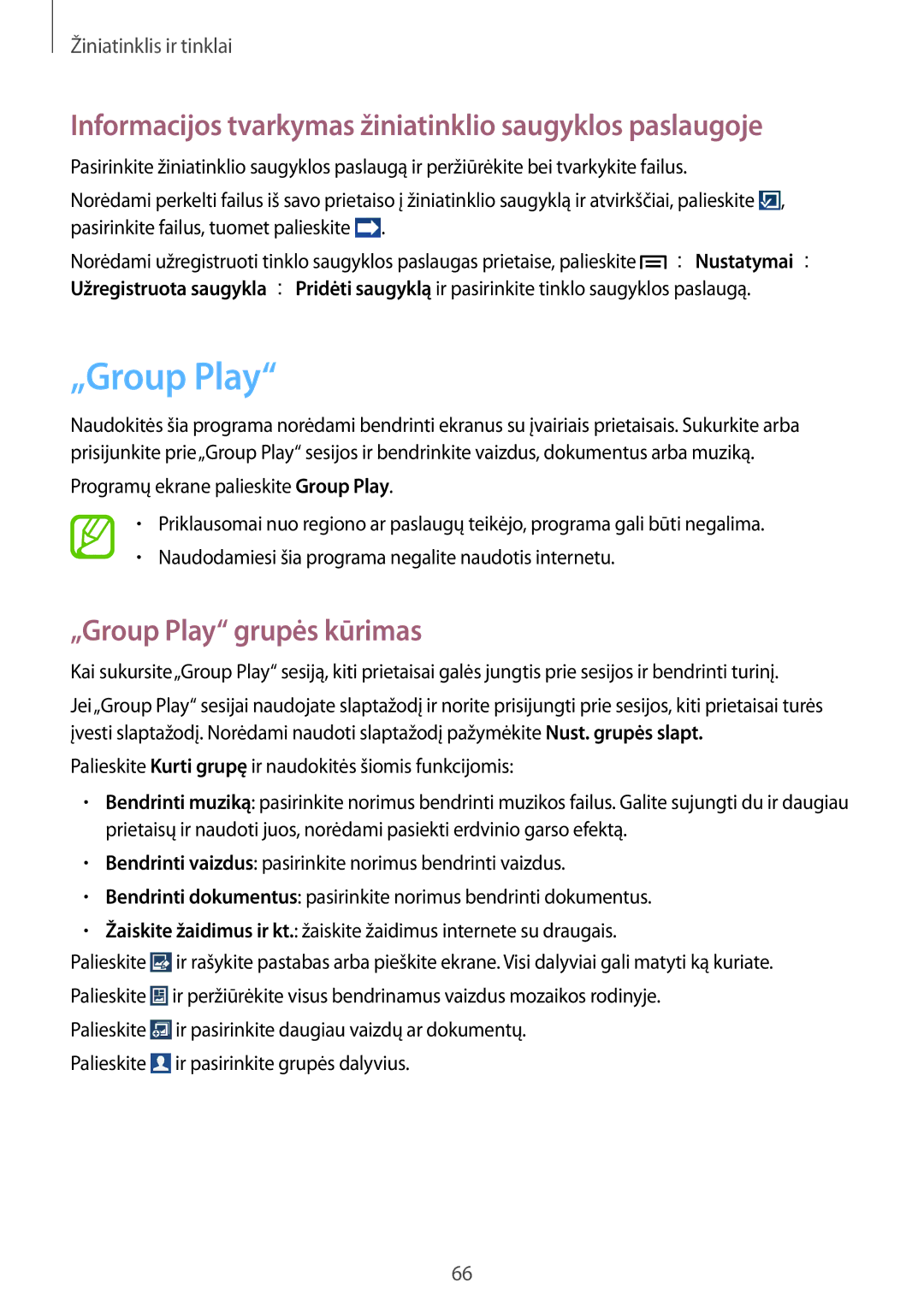 Samsung GT-I9205ZKASEB manual Informacijos tvarkymas žiniatinklio saugyklos paslaugoje, „Group Play grupės kūrimas 