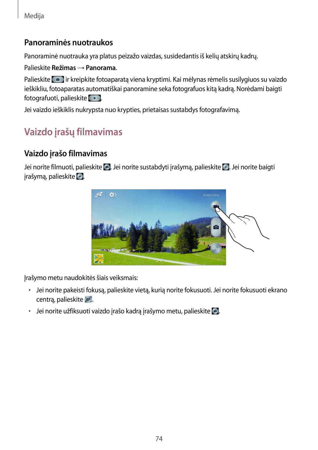 Samsung GT-I9205ZKASEB manual Vaizdo įrašų filmavimas, Panoraminės nuotraukos, Vaizdo įrašo filmavimas 