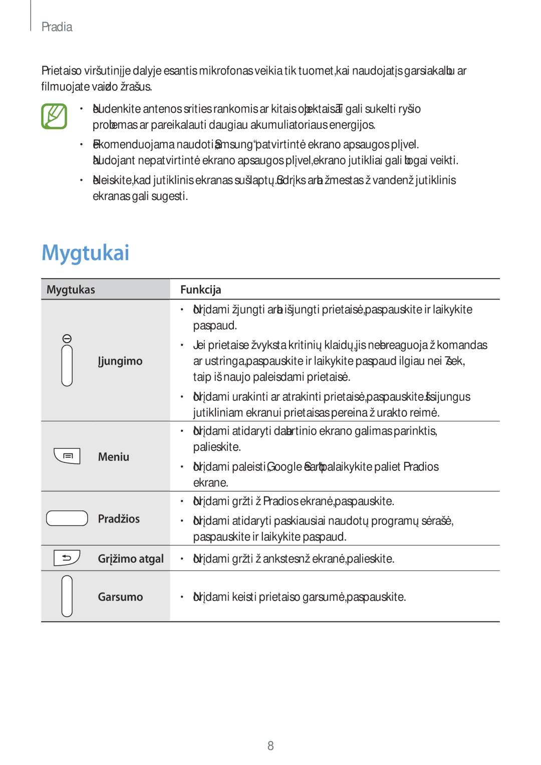 Samsung GT-I9205ZKASEB manual Mygtukai 