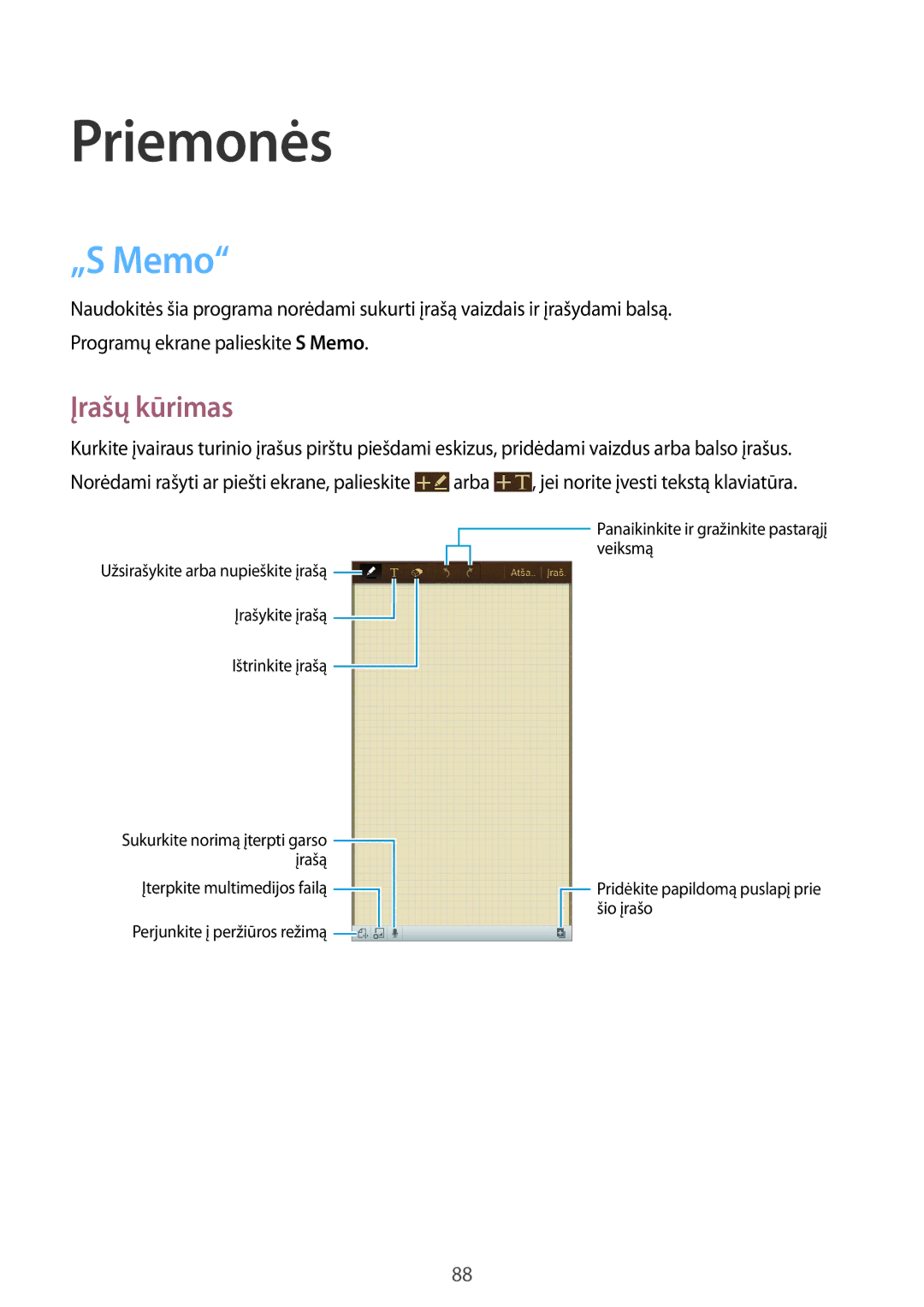 Samsung GT-I9205ZKASEB manual „S Memo, Įrašų kūrimas 