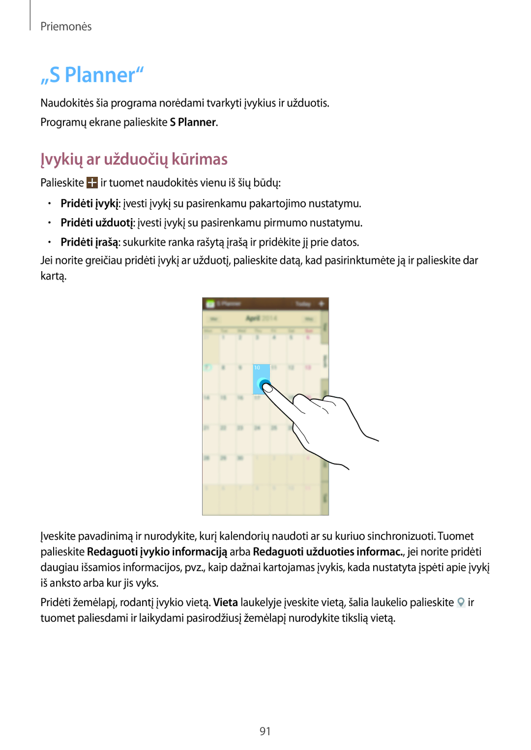 Samsung GT-I9205ZKASEB manual „S Planner, Įvykių ar užduočių kūrimas 