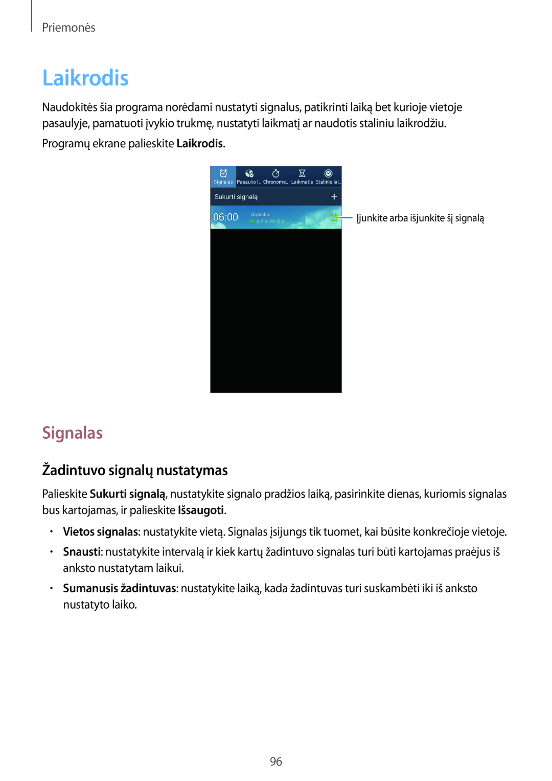 Samsung GT-I9205ZKASEB manual Laikrodis, Signalas, Žadintuvo signalų nustatymas 