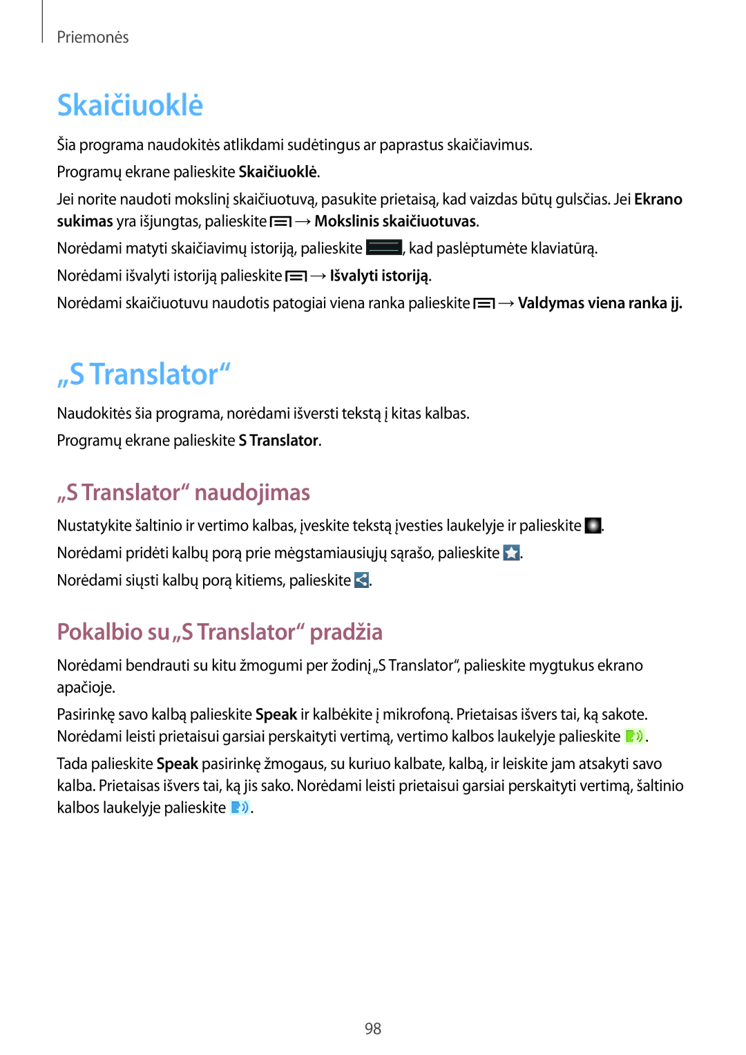 Samsung GT-I9205ZKASEB manual Skaičiuoklė, „S Translator naudojimas, Pokalbio su„S Translator pradžia 