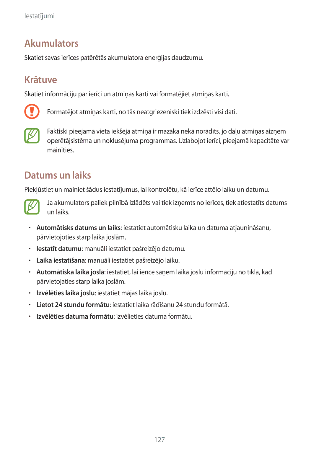 Samsung GT-I9205ZKASEB manual Akumulators, Krātuve, Datums un laiks 