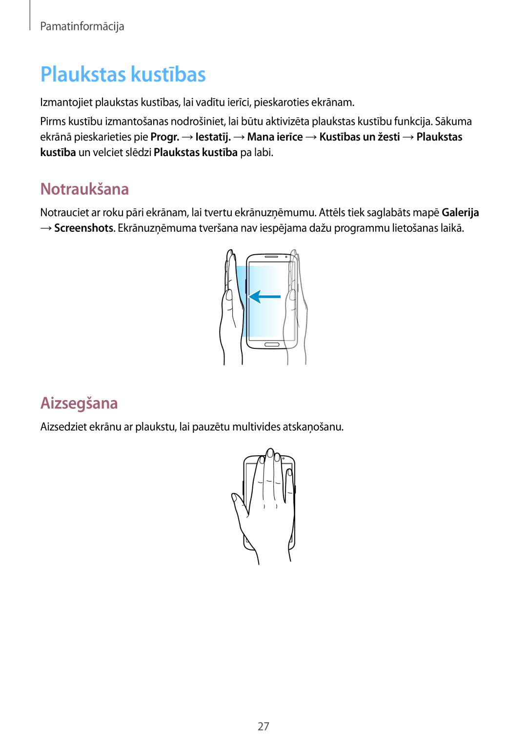 Samsung GT-I9205ZKASEB manual Plaukstas kustības, Notraukšana, Aizsegšana 