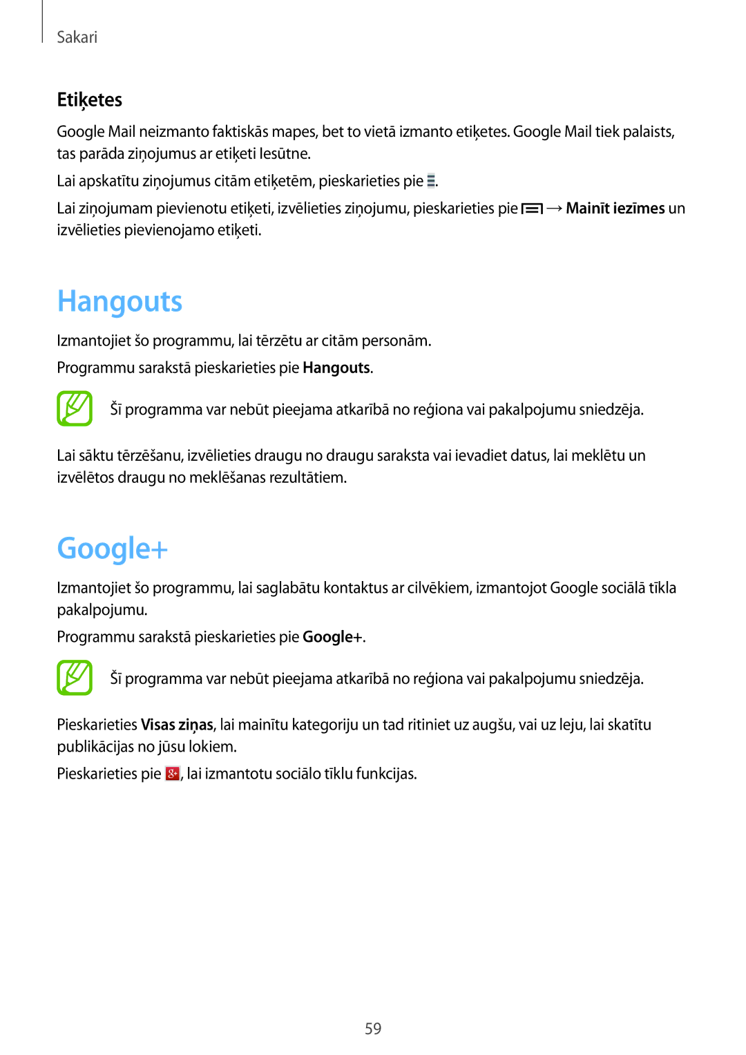 Samsung GT-I9205ZKASEB manual Hangouts, Google+, Etiķetes 