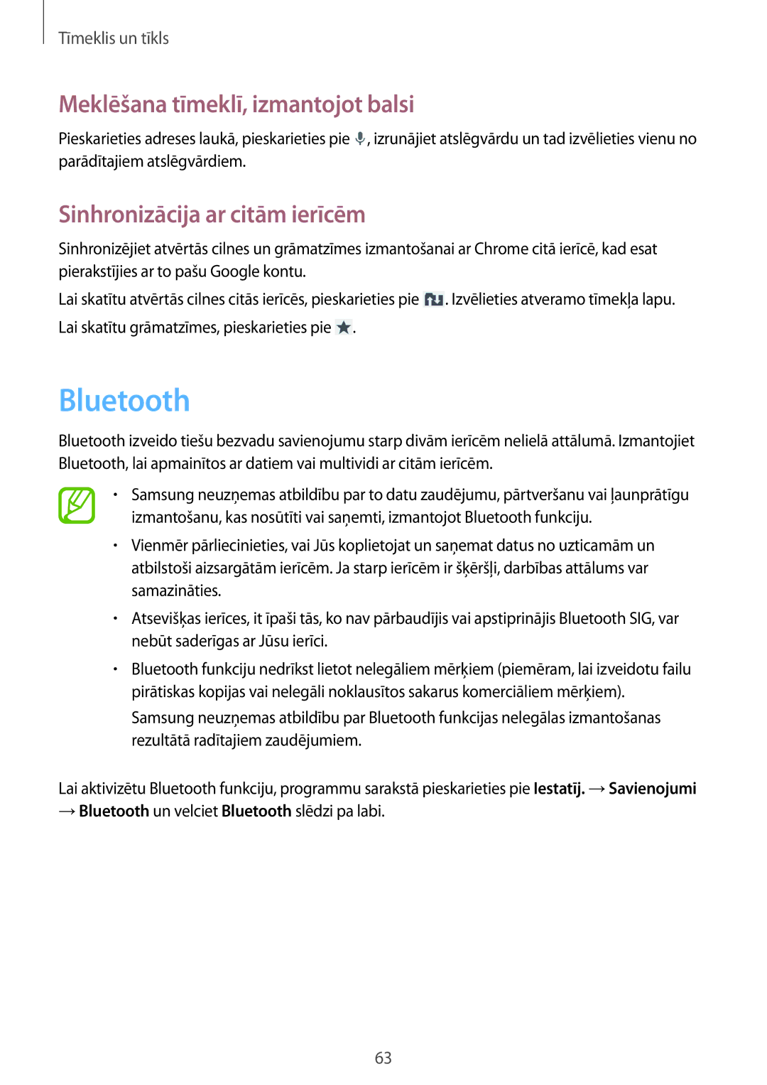 Samsung GT-I9205ZKASEB manual Bluetooth, Meklēšana tīmeklī, izmantojot balsi, Sinhronizācija ar citām ierīcēm 