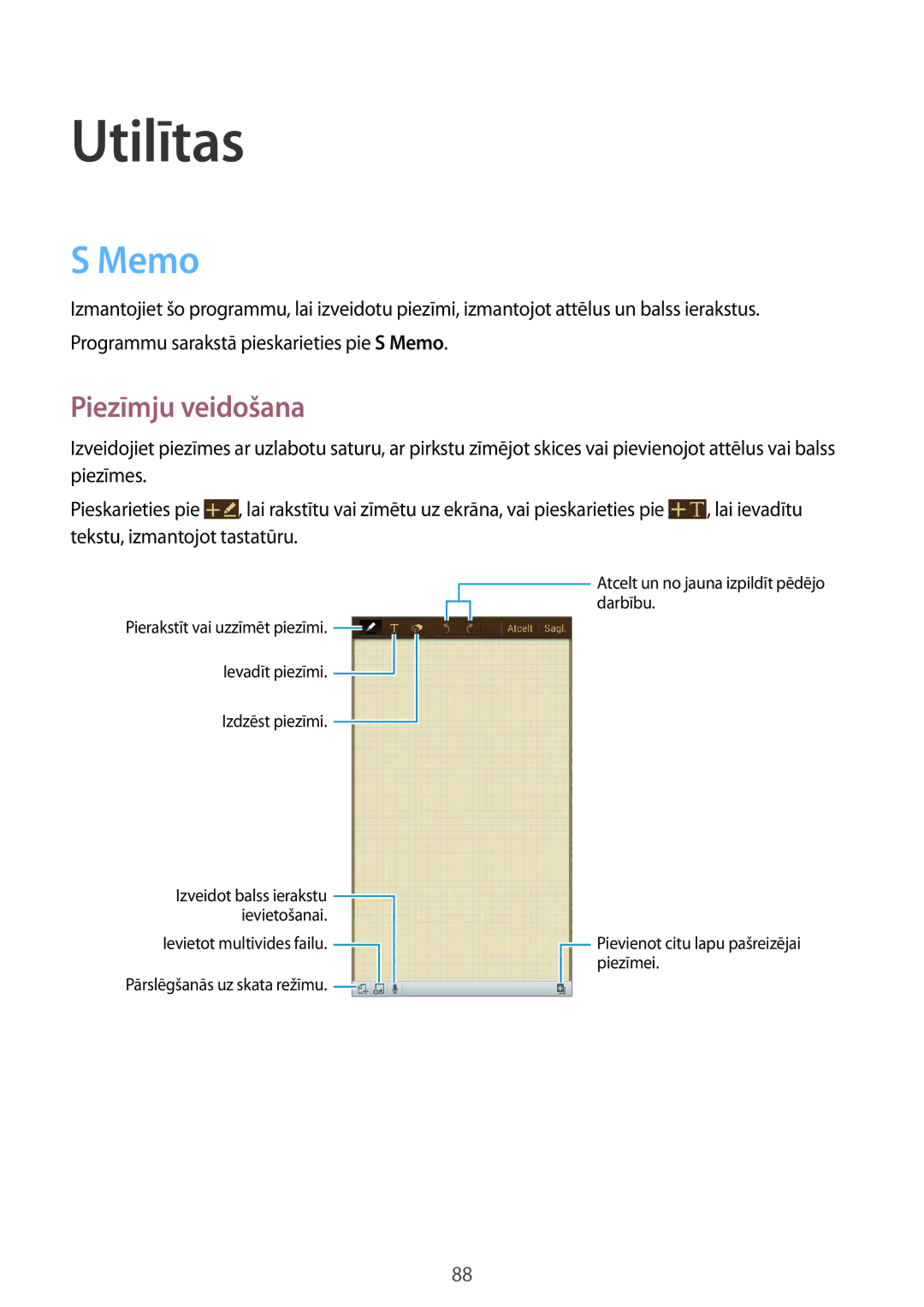 Samsung GT-I9205ZKASEB manual Utilītas, Memo, Piezīmju veidošana 