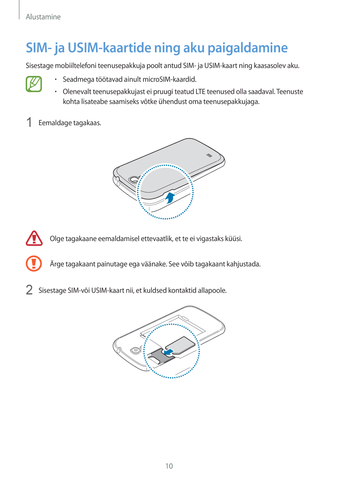 Samsung GT-I9205ZKASEB manual SIM- ja USIM-kaartide ning aku paigaldamine, Seadmega töötavad ainult microSIM-kaardid 