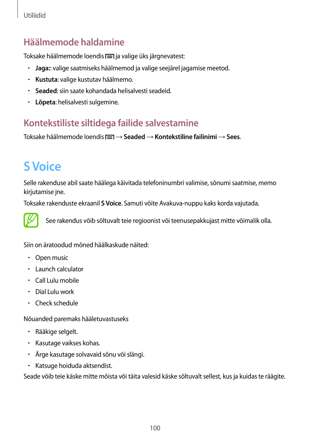 Samsung GT-I9205ZKASEB manual Voice, Häälmemode haldamine, Kontekstiliste siltidega failide salvestamine 