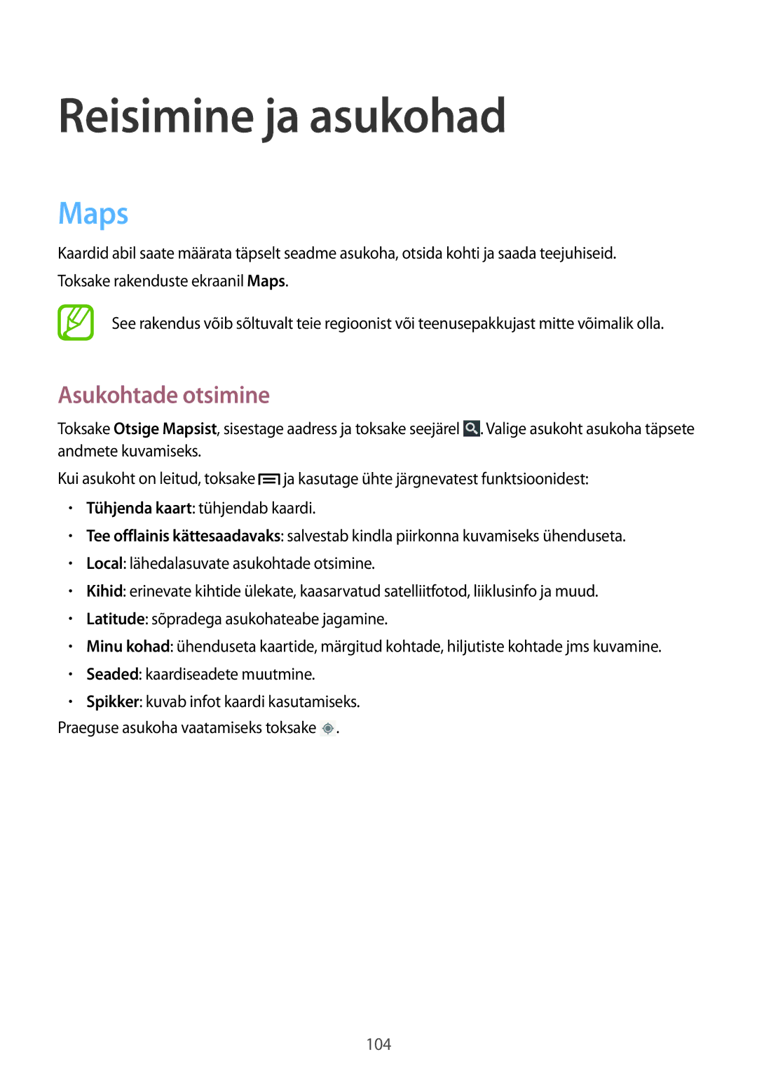 Samsung GT-I9205ZKASEB manual Reisimine ja asukohad, Maps, Asukohtade otsimine 