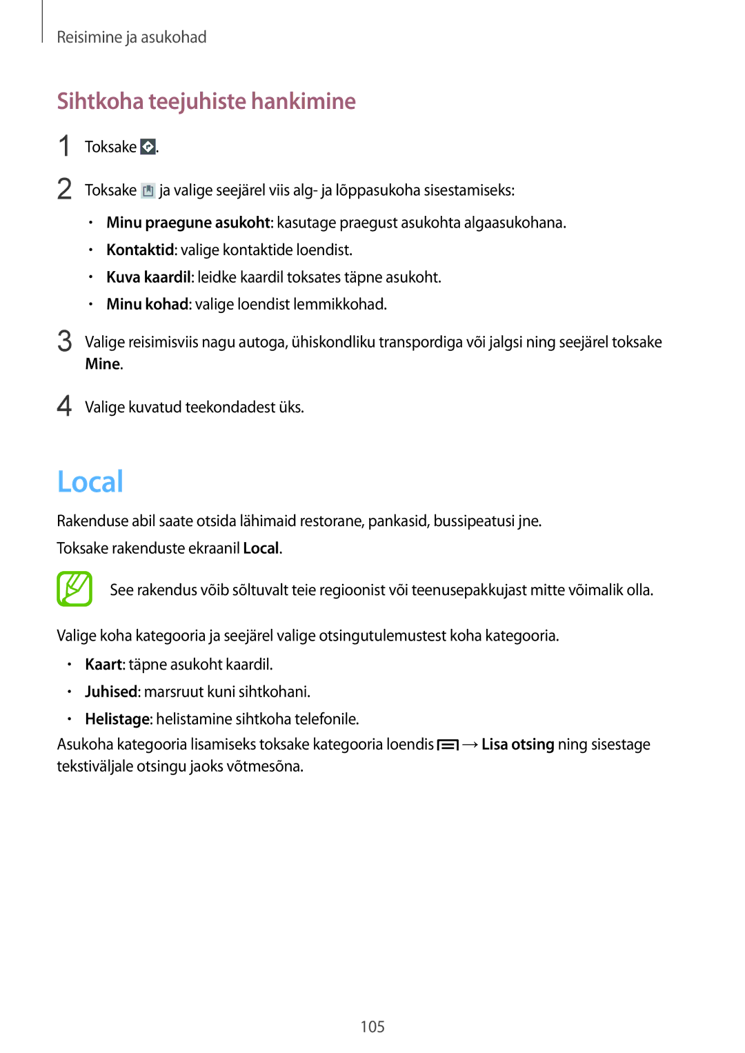 Samsung GT-I9205ZKASEB manual Local, Sihtkoha teejuhiste hankimine, Mine 