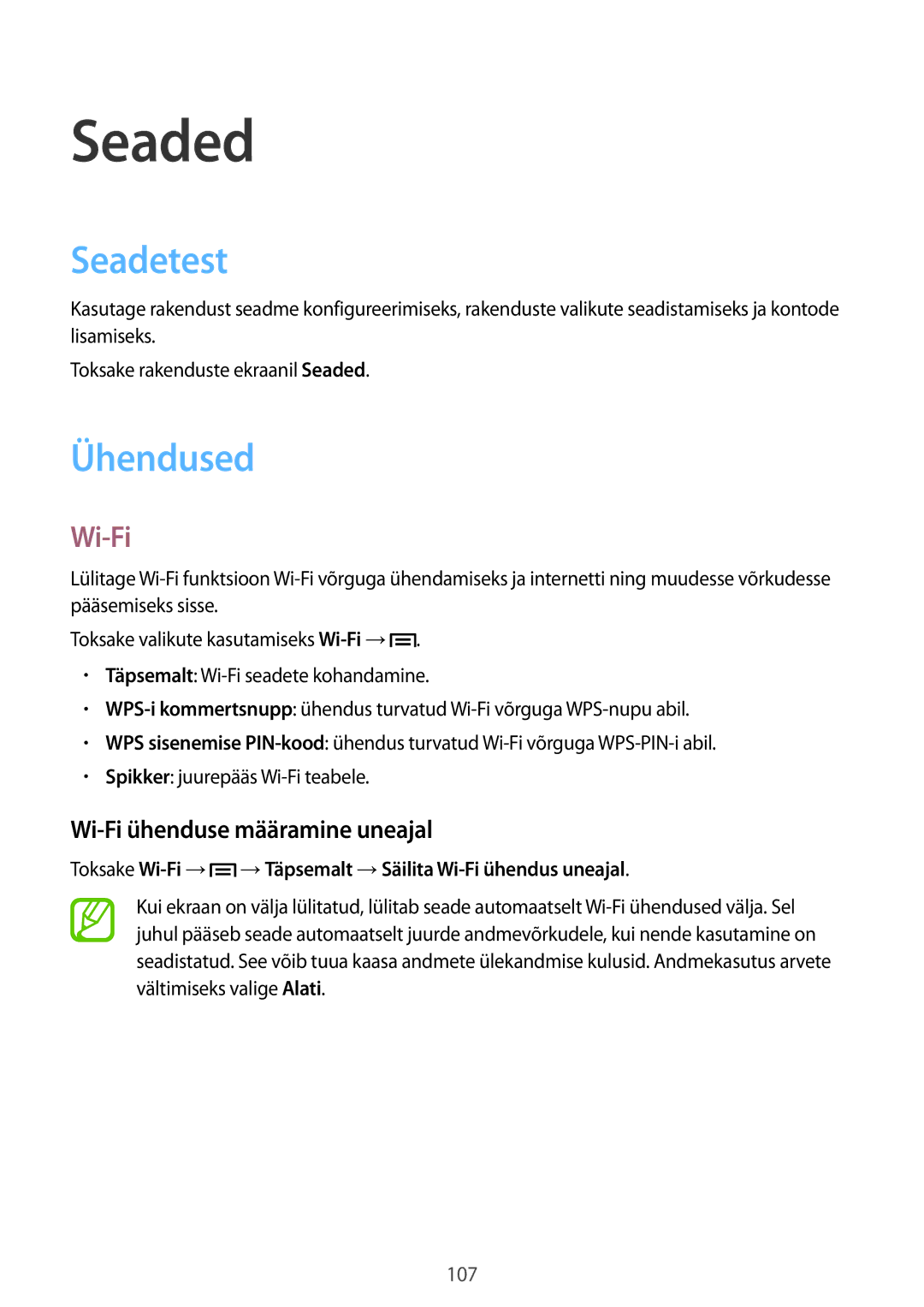 Samsung GT-I9205ZKASEB manual Seaded, Seadetest, Ühendused, Wi-Fi ühenduse määramine uneajal 