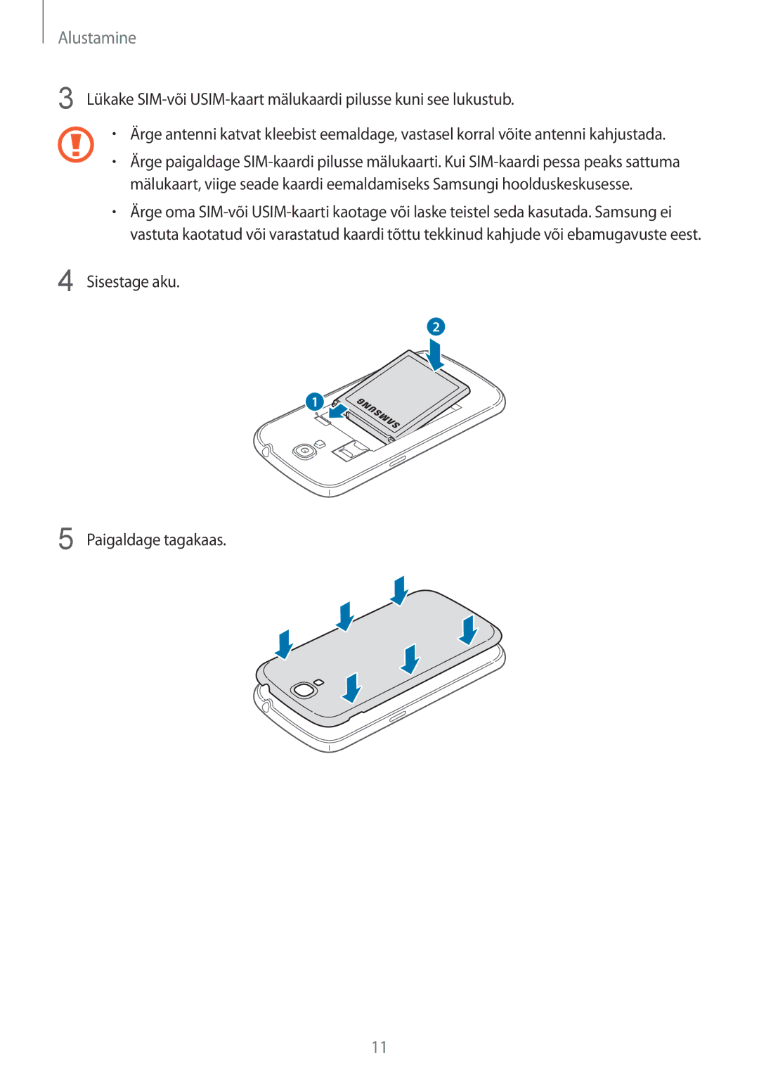 Samsung GT-I9205ZKASEB manual Sisestage aku Paigaldage tagakaas 