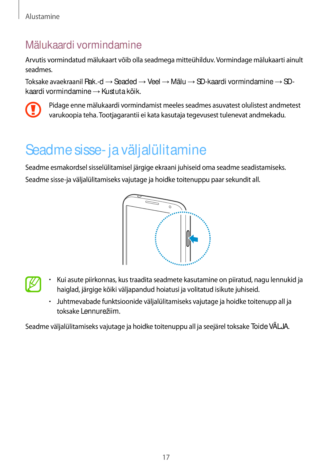 Samsung GT-I9205ZKASEB manual Seadme sisse- ja väljalülitamine, Mälukaardi vormindamine 