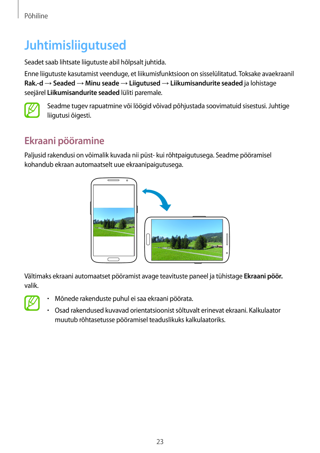 Samsung GT-I9205ZKASEB manual Juhtimisliigutused, Ekraani pööramine 