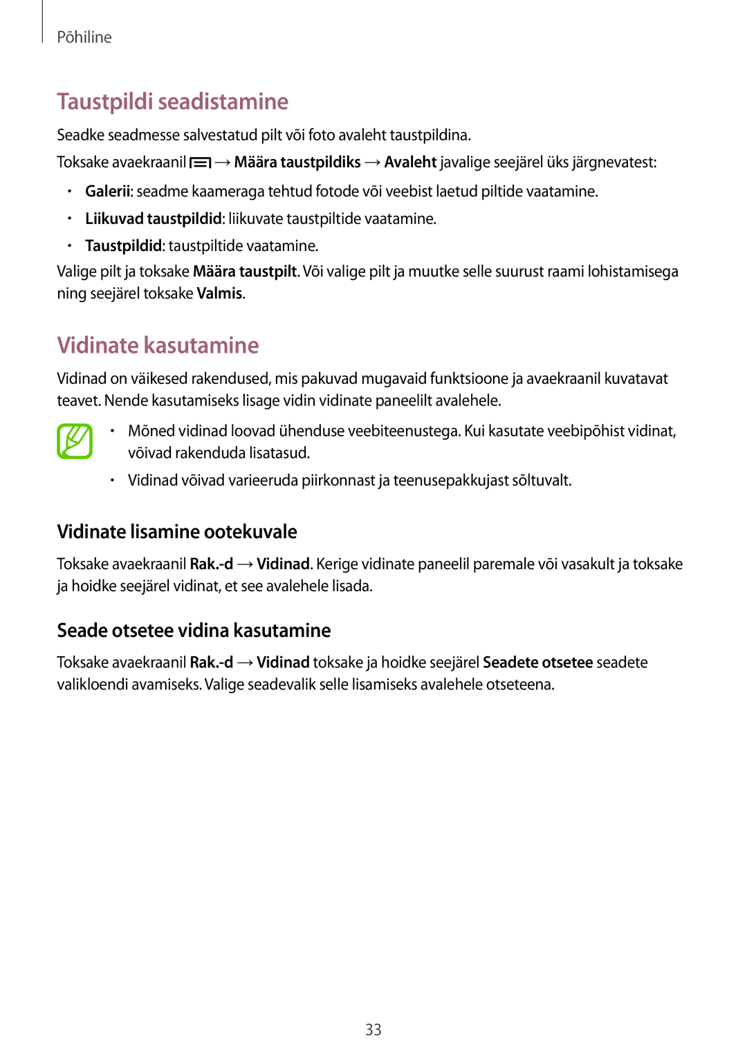 Samsung GT-I9205ZKASEB manual Taustpildi seadistamine, Vidinate kasutamine, Vidinate lisamine ootekuvale 